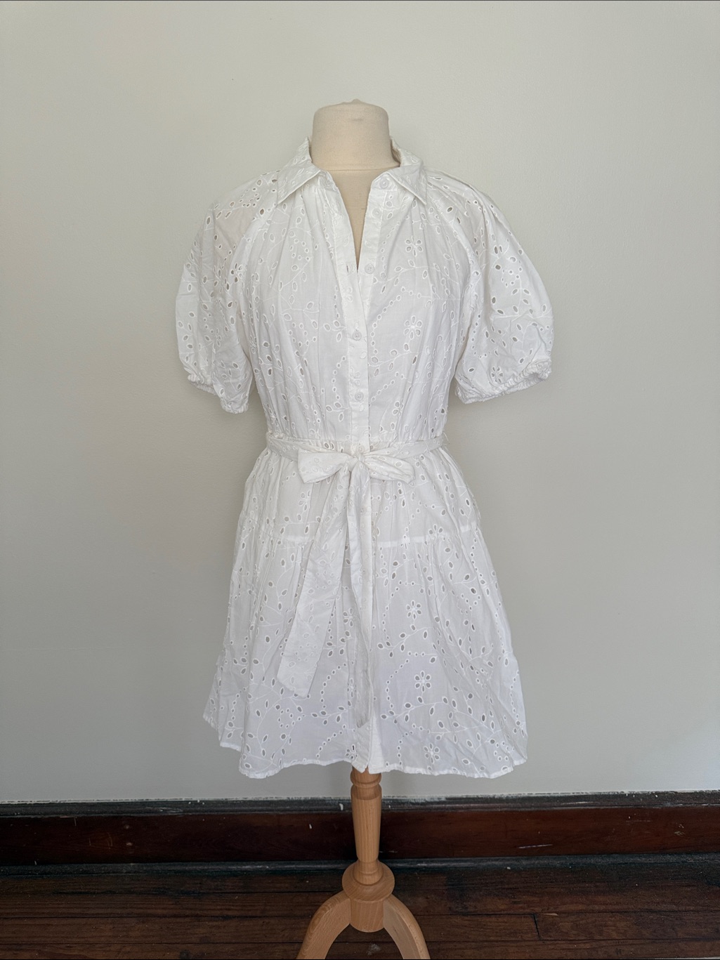 A New Day White Eyelet Puff-Sleeve Tie-Waist Mini Dress